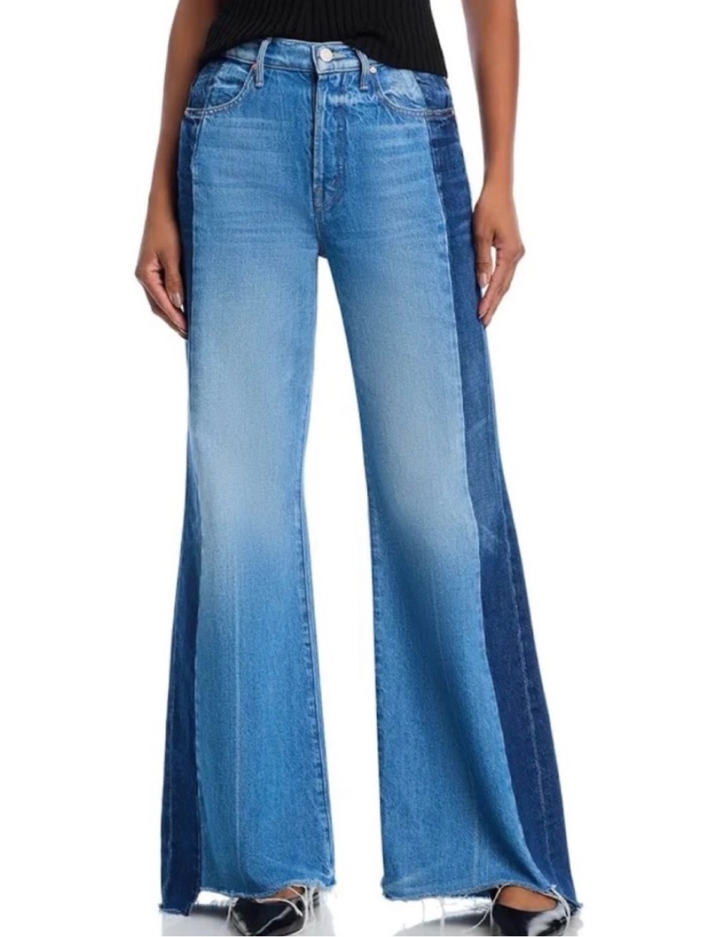 MOTHER Tux Sidestepper Sneak Fray Jeans Double Stacked Blue Size 23 EUC